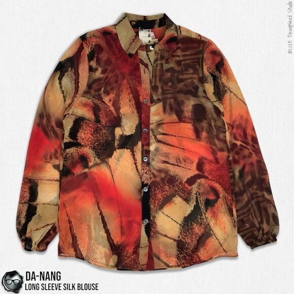 DA-NANG BOHEME SILK BUTTON DOWN LONG SLEEVE BLOUSE IN VINTAGE SUNSET ABSTRACT - Picture 5 of 12